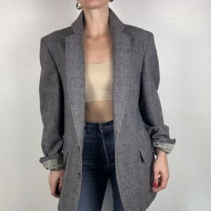 Vintage 80s Wool Herringbone Blazer Gray Oversized Menswear Jacket | Adams Row
